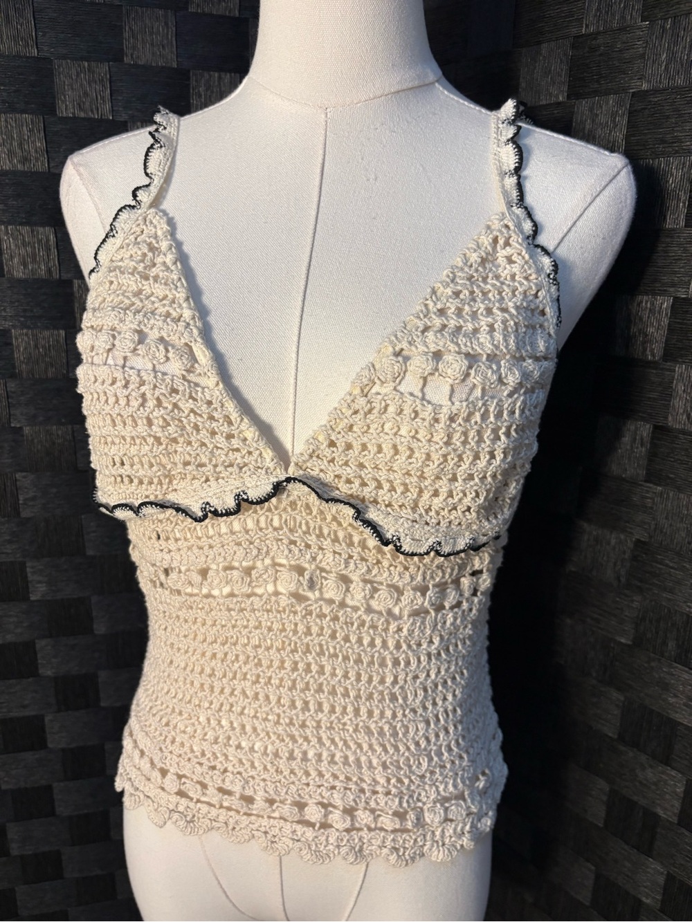 Festival Boho Coquette Cream Crochet Crop Tank Top Black Trim Accent